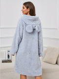 Casual Solid Fleece Night Robe, Long Sleeve Hooded Thickened Robe With Pockets, Women's Sleepwear & Dresses