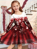 Kids' Festive Snowflake Print Long Sleeve Dress, Casual Christmas Applique Tunic, Polyester Knit Knee High with Slight Stretch, Holiday Party Knee-Length Dress for Ages 3-12