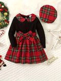 Girls' Plaid Long Sleeve Dress Set - Comfy Casual Wear with Contrast Collar, Includes Beret, Perfect for Winter and Fall Parties, Gift Idea