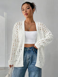 Plus Size Solid Color Hollow Out Knitted Cardigan, Casual Open Front Long Sleeve Cardigan, Women's Plus Size Clothing