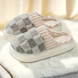 Cozy Checkered Plush Home Slippers - Soft-Sole, Winter Warmth, Quiet Indoor Comfort, Stylish Bedroom Footwear