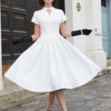 Chic Keyhole A-line Cocktail Dress - Timeless Elegance with Short Sleeves - Perfect for Parties - Feminine Keyhole Detail - Premium Womens Clothing