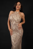 goosudu Sequin Halterneck Maxi Mermaid Prom Dress - Champagne