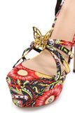 goosudu Gaki Flower Printed Metallic Butterfly Platform Stiletto