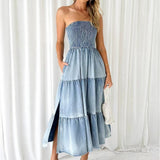 Goosudu Personality Sleeveless Denim Pleated Asymmetric Slip Maxi Dress