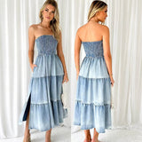 Goosudu Personality Sleeveless Denim Pleated Asymmetric Slip Maxi Dress
