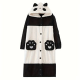 Contemporary Panda Design Wearable Blanket - Cozy Thickened Fleece Hooded Bathrobe Loungewear - Machine Washable, Knitted Polyester & Spandex Blend with Special Features - Animal Themed Oversized Sleeping Garment for Women