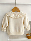 Spring And Autumn New Floral Embroidery Ruffle Collar Kids Knitted Sweater Top, Cotton Long-sleeved Baby Girl Cardigan Coat