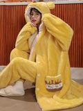 Cozy Fleece Bear Night Robe - Women's Long Sleeve Hooded Sleepwear with Pockets - Soft, Thickened, and Warm Fall & Winter Nightgowns & Sleepshirts for Cold Weather