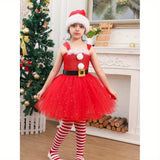 Santa Christmas Costume, Sleeveless Tulle Patchwork A-Line Dress + Long Stocking + Headband/Hat Cosplay Clothes