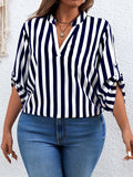 Plus Size Striped Print Blouse - Relaxed-Fit V Neck Roll Tab Sleeve Design for Everyday Comfort - Perfect for Spring, Womens Confident Clothing
