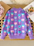 Allover Hearts Pattern Knit Cardigan For Girls, Comfy Casual Long Sleeve Knitted Outerwear Autumn/ Spring Clothes, 1pc