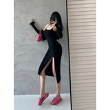 goosudu Valerie Solid Color Sleeveless Side Split Square Neck Short Dress Long Sleeve Cardigan Set