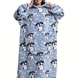 Plus Size Puppy Pattern Sherpa Fleece Oversized Ultra Soft Warm Wearable Blanket, Women's Plus Cute Sleepwear Thickened Blanket Hoodie