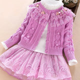 3pcs Knitwear Set For Girls, Lace Collar Knit Cardigan + Mock Neck Pullover + Mesh Skirt, 100% Cotton Comfy Spring/ Fall Clothes