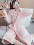 Luxurious Fleece Lounge Robe - Women's Dresses & Robes - Soft Ribbed Lace Trim, Thickened, Long Sleeve, Lapel Belted, Pockets, Perfect for Fall & Winter, Cozy Loungewear