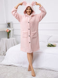 Casual Solid Fleece Night Robe, Long Sleeve Hooded Thickened Robe With Pockets, Women's Sleepwear & Dresses