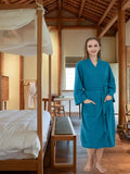 Elegant Solid Waffle Night Robe, Long Sleeve V Neck Quick-drying Bathrobe With Belt, Women's Sleepwear & Dresses