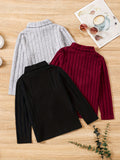 3-Piece Set Girls' Cozy Rib-Knit Long Sleeve Turtle Neck Pullovers - Soft, Versatile, and Casual for Fall & Winter - Solid Colored, Ribbed Cuffs, and Hem for a Comfortable Fit