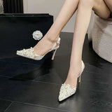 French Pearl Sandals Women Satin White Wedding Elegant Sexy Flower Heels Bridal Shoes Kq8