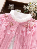 3pcs Knitwear Set For Girls, Lace Collar Knit Cardigan + Mock Neck Pullover + Mesh Skirt, 100% Cotton Comfy Spring/ Fall Clothes