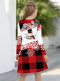 Adorable Snowman & Geometric Print Long Sleeve Dress for Girls - Perfect for Christmas, Fall/Winter Collection