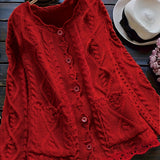 Plus Size Solid Cable Knit Button Front Cardigan, Elegant Scallop Hem Pocket Long Sleeve Knitted Cardigan, Women's Plus Size Clothing