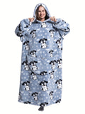 Plus Size Puppy Pattern Sherpa Fleece Oversized Ultra Soft Warm Wearable Blanket, Women's Plus Cute Sleepwear Thickened Blanket Hoodie