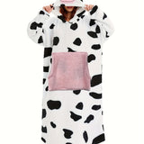 Cozy Plus Size Womens Cow Pattern Robe - Soft Flannel Hooded Wearable Blanket with Adorable Ear Decor and Handy Pockets - Oversized for Ultimate Lounging Comfort