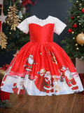 Christmas Themed Princess Dress for Girls - Party Style Red Bowknot Christmas Dress with Santa and Snowman Print, All-Season Woven Poly Cotton Dress, Regular Fit, Non-Stretch, for Children'S Holiday Parties