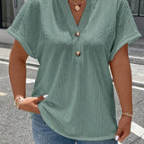 Plus Size Solid Textured T-Shirt, Casual V Neck Short Sleeve T-Shirt, Women's Plus Size Clothing