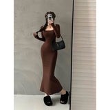 goosudu Ella Solid Color U-Neck Long Sleeve Slim Long Dress