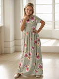 Girls Elegant Flowy Flower Print Dress - Stylish & Comfortable for Summer Holidays - Long, Loose & Short Sleeve