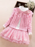 3pcs Knitwear Set For Girls, Lace Collar Knit Cardigan + Mock Neck Pullover + Mesh Skirt, 100% Cotton Comfy Spring/ Fall Clothes