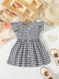 Girls Charming Gingham Ruffle Sleeve Dress Shirt - Fashionable Square Neck, Lettuce Trim, Non-Stretch Woven Fabric, Machine Washable, Perfect for Summer Picnic Outfits and Casual Occasions