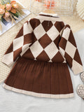 2PCS Elegant Argyle Pattern Long Sleeve Cardigan + Pleated Skirt Set for Girls - Soft Medium Stretch Acrylic Fabric, V-Neck, Regular Fit, Color Block Details - Perfect for Spring and Fall Season Gift