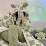 Cozy Plaid Bear Hooded Robe - Soft Flannel Wearable Blanket with Long Sleeves, Perfect for Fall & Winter | Machine Washable