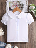 Girls' Preppy Solid Puff Short Sleeve Collar Shirt - Button-Down Shirt with Classic Style and Relaxed Fit - Perfect Gift for Little Ladies