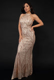 goosudu Sequin Halterneck Maxi Mermaid Prom Dress - Champagne