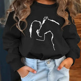 Vibrant Girl Kissing Horse Silhouette Print Crew Neck Long Sleeve Sweatshirt - Soft, Trendy, Casual, Comfortable, Versatile Top for Autumn & Winter - Unique Gift Idea for Horse Lovers, Teens, and Girls