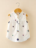 Adorable Floral Embroidered Sleeveless Blouse for Toddler Girls - Button Front, Curved Hem, Casual Summer Top - Perfect for Little Princesses