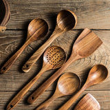 4pcs/7pcs Thailand Teak Natural Wood Tableware Spoon Ladle Turner Long Rice Colander Soup Skimmer Cooking Spoons Scoop Kitchen Tool Set