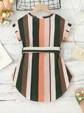 Toddler Girls Vertical Striped Curved Hem Notched Neck Belted Dress For Party Beach Vacation Kids Summer Clothes