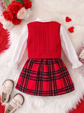 3pcs Girl's Trendy Outfit Set: Sweet Bow Plaid Skirt + Long-Sleeve Solid Shirt + V Neck Knit Vest, Suitable for Spring Fall Daily, Party, Christmas Gift