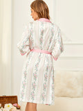 Floral Print Night Robe, Long Sleeve V Neck House Robe With Belt, Women's Sleepwear