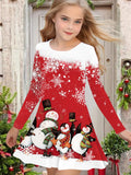 Adorable Snowman 3D Print Long Sleeve Dress for Girls - Perfect for Holiday season, Cozy & Stretchy Polyester Blend, Machine Washable - Fall/Winter Collection