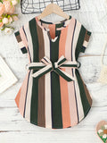 Toddler Girls Vertical Striped Curved Hem Notched Neck Belted Dress For Party Beach Vacation Kids Summer Clothes