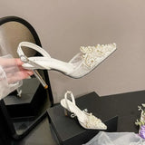 French Pearl Sandals Women Satin White Wedding Elegant Sexy Flower Heels Bridal Shoes Kq8