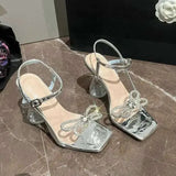 Summer New Rhinestone Bow Square Head One-Line Buckle High Heel Crystal Sandals Women Kq8