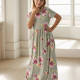 Girls Elegant Flowy Flower Print Dress - Stylish & Comfortable for Summer Holidays - Long, Loose & Short Sleeve